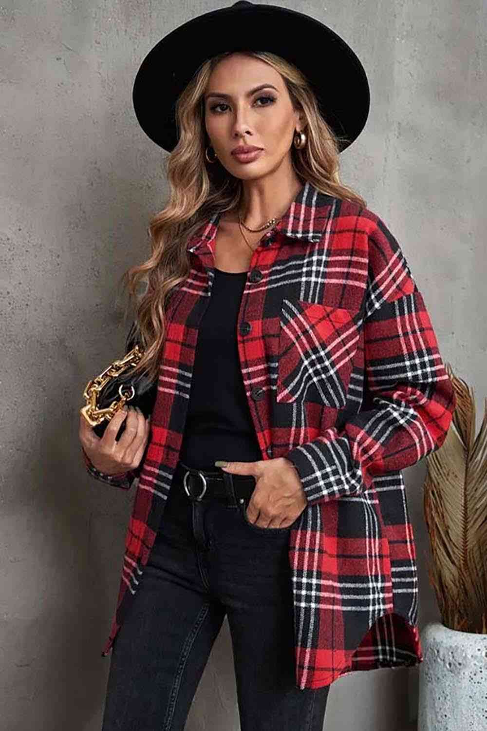 Plaid Collared Neck Button Up Jacket with Pockets BLUE ZONE PLANET