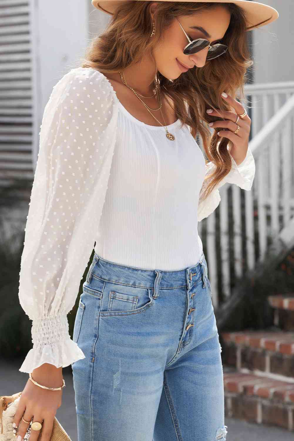 Swiss Dot Flounce Sleeve Square Neck Bodysuit BLUE ZONE PLANET