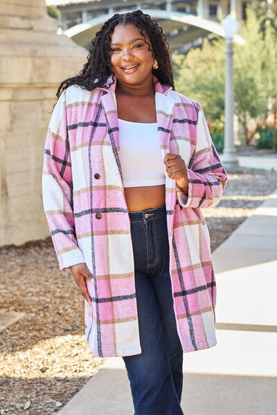 Double Take Full Size Plaid Button Up Lapel Collar Coat BLUE ZONE PLANET