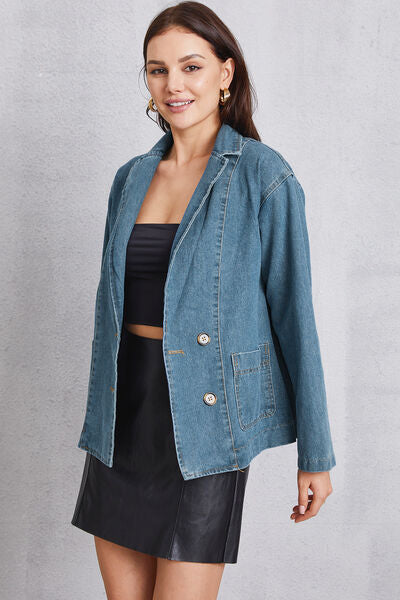 Pocketed Button Up Denim Jacket Trendsi