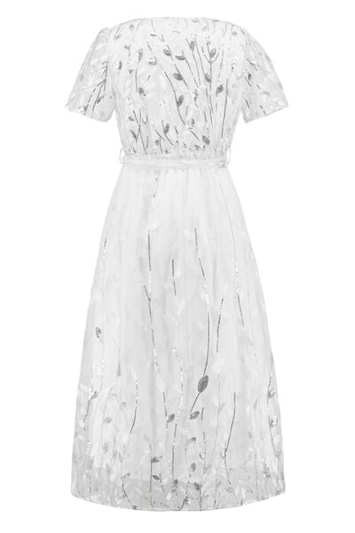 Blue Zone Planet |  Sequin Leaf Embroidery Tie Front Short Sleeve Dress BLUE ZONE PLANET