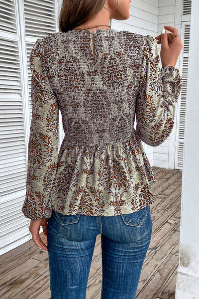 Blue Zone Planet | Smocked Printed Balloon Sleeve Blouse BLUE ZONE PLANET