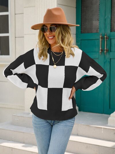 Checkered Round Neck Dropped Shoulder Sweater BLUE ZONE PLANET