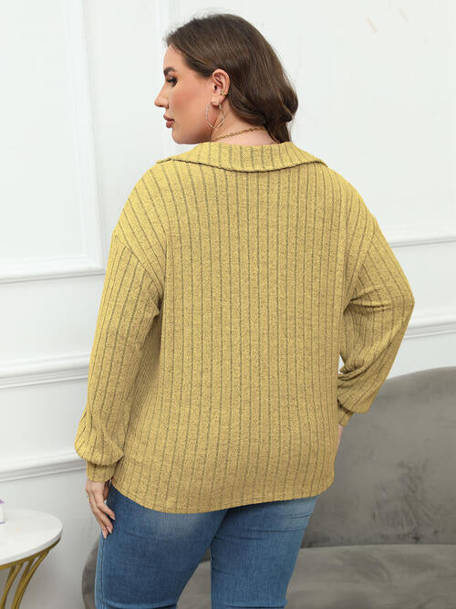 Plus Size Ribbed Collared Neck Long Sleeve Blouse BLUE ZONE PLANET
