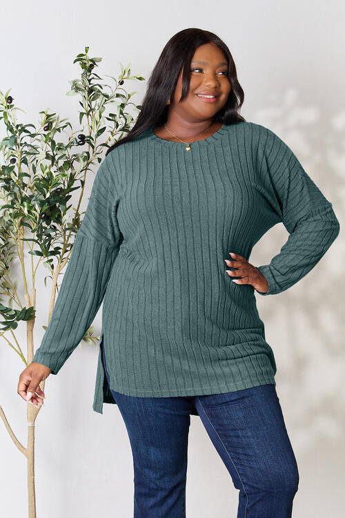 Basic Bae Full Size Ribbed Round Neck Long Sleeve Slit Top BLUE ZONE PLANET