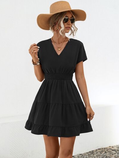 Blue Zone Planet | Ruffled Smocked V-Neck Tiered Dress BLUE ZONE PLANET