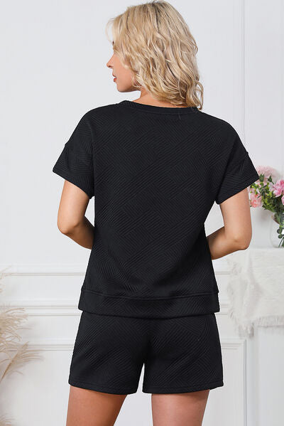 Textured Round Neck T-Shirt and Shorts Set Trendsi