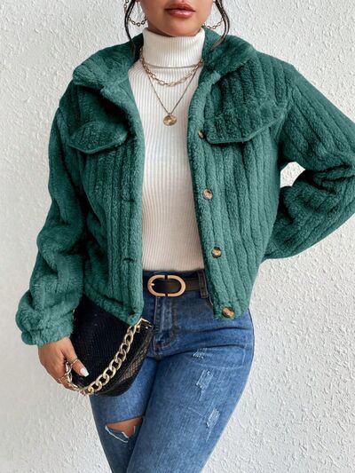 Blue Zone Planet | Fuzzy Button Up Collared Neck Jacket BLUE ZONE PLANET
