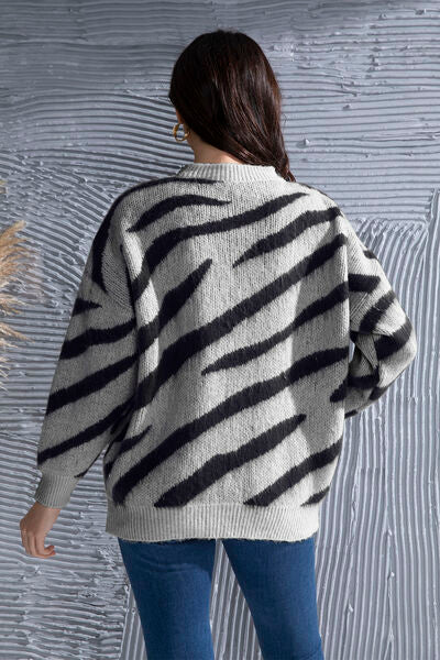 Blue Zone Planet | Animal Element Round Neck Dropped Shoulder Sweater BLUE ZONE PLANET