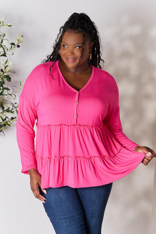 Double Take Half Button Long Sleeve Ruffle Hem Blouse BLUE ZONE PLANET