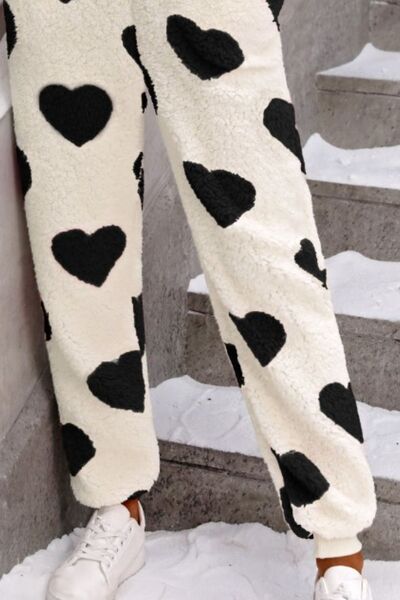 Blue Zone Planet |  Fuzzy Heart Zip Up Hooded Lounge Jumpsuit BLUE ZONE PLANET