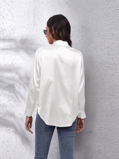 Button Up Collared Neck Long Sleeve Shirt BLUE ZONE PLANET