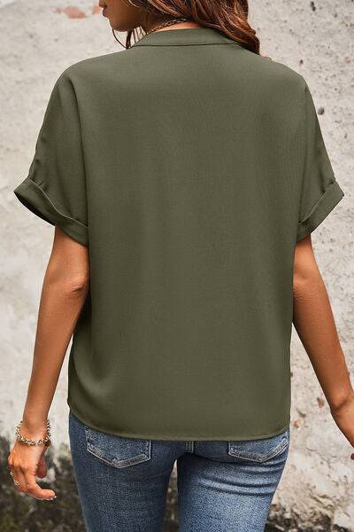 Blue Zone Planet | Pocketed Notched Short Sleeve Blouse BLUE ZONE PLANET