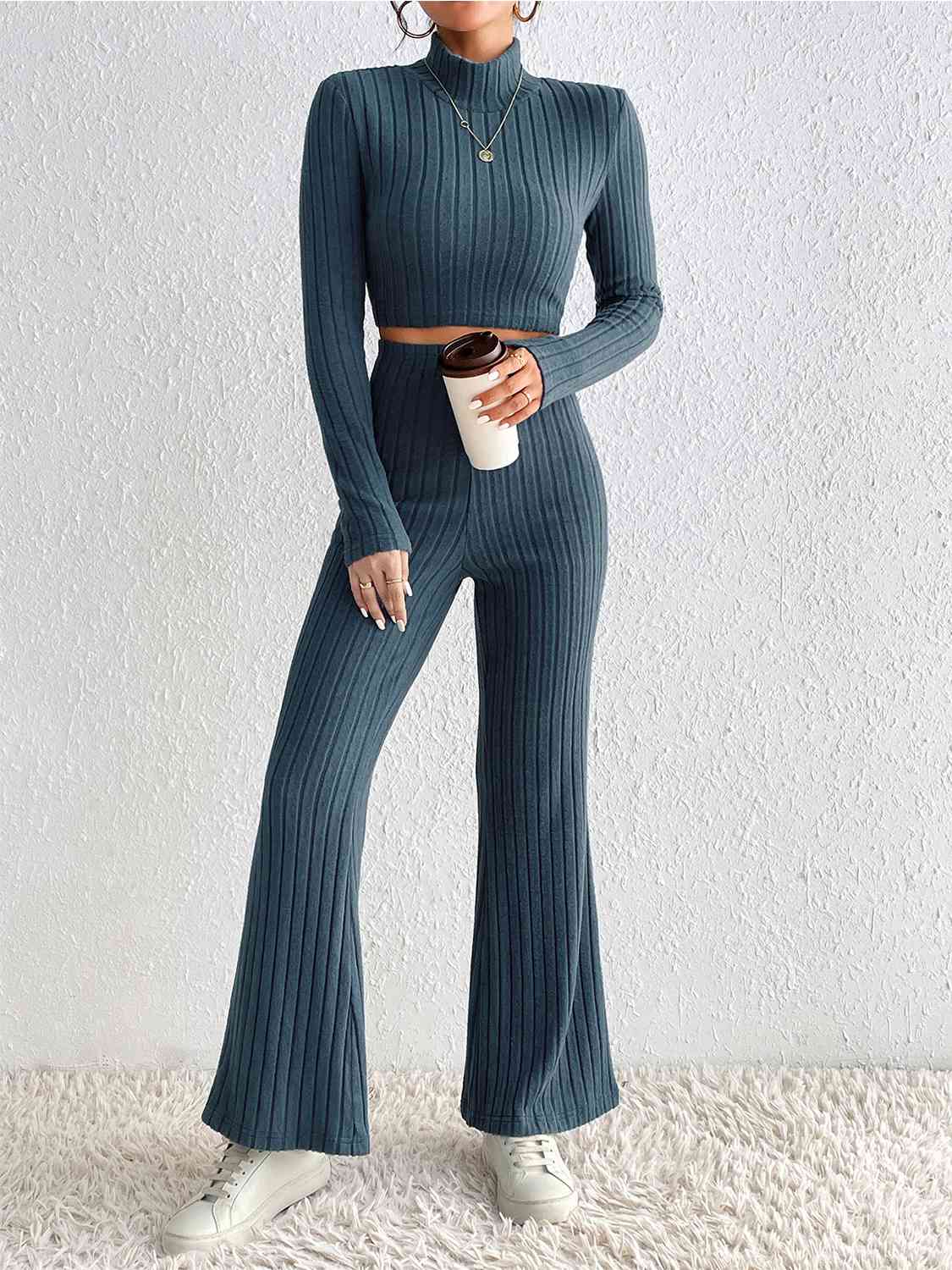 Ribbed Mock Neck Cropped Sweater & High Waist Pants Set BLUE ZONE PLANET