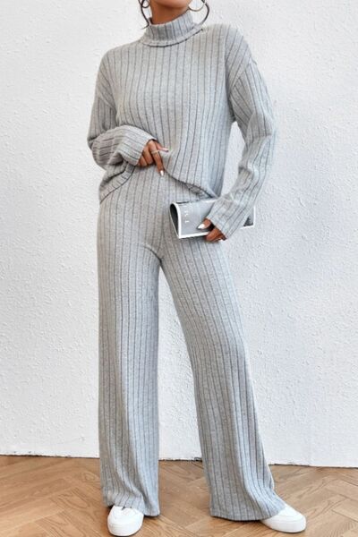 Blue Zone Planet | Mock Neck Dropped Shoulder Top and Pants Set BLUE ZONE PLANET