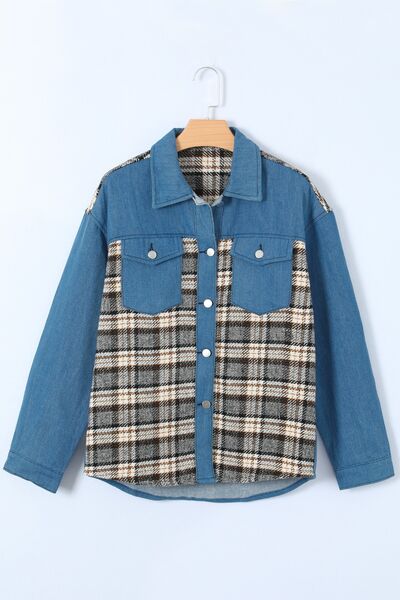 Blue Zone Planet | Plaid Pocketed Button Up Denim Jacket BLUE ZONE PLANET