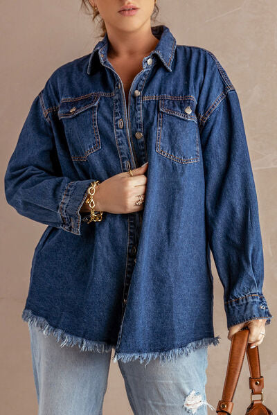 Blue Zone Planet | Button Up Pocketed Raw Hem Denim Jacket BLUE ZONE PLANET