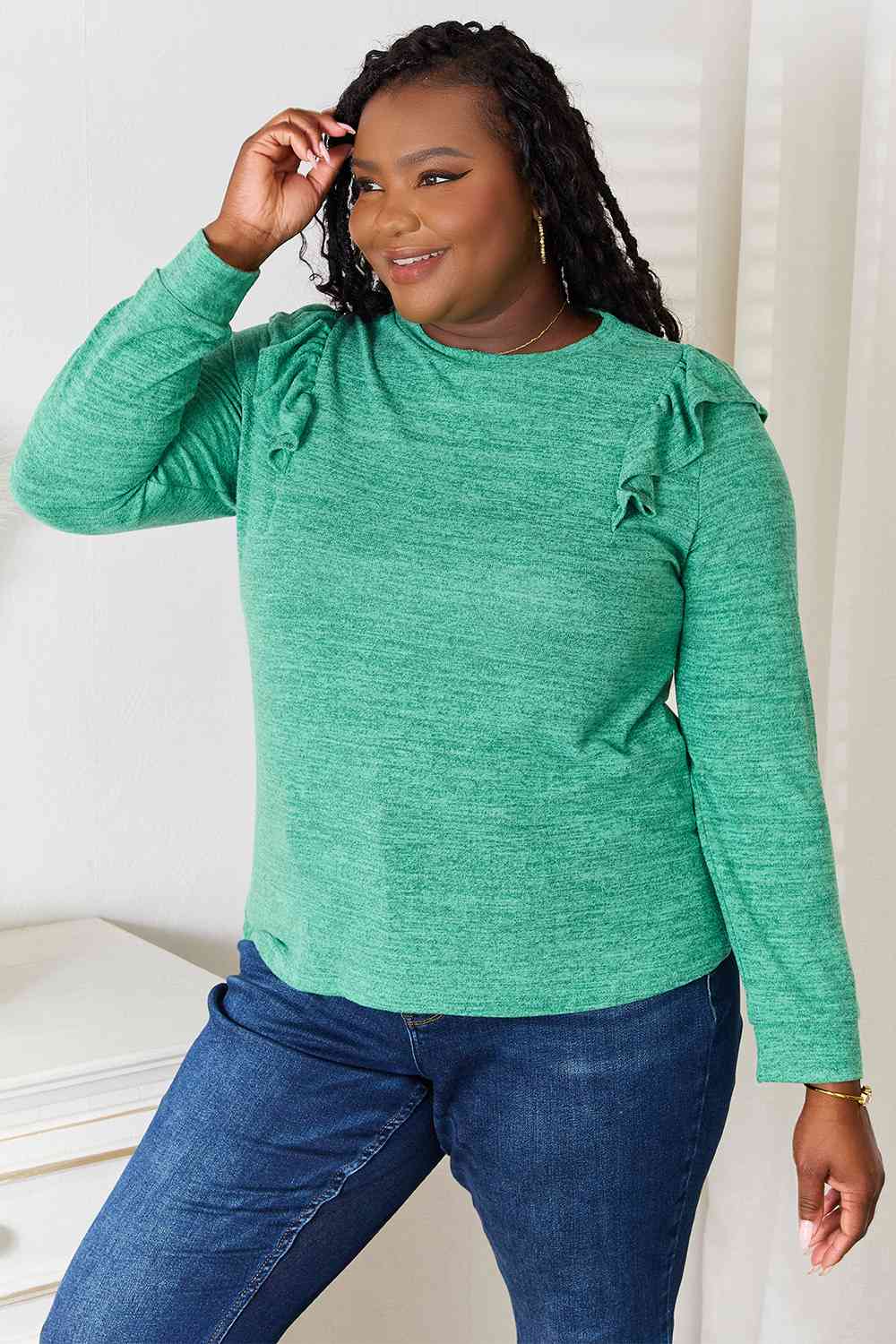 Double Take Ruffle Shoulder Long Sleeve T-Shirt BLUE ZONE PLANET
