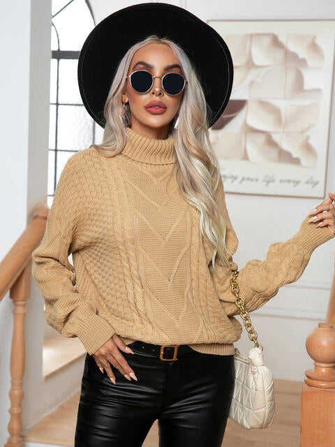 Turtleneck Cable-Knit Long Sleeve Sweater BLUE ZONE PLANET