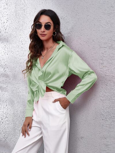 Button Up Collared Neck Long Sleeve Shirt BLUE ZONE PLANET