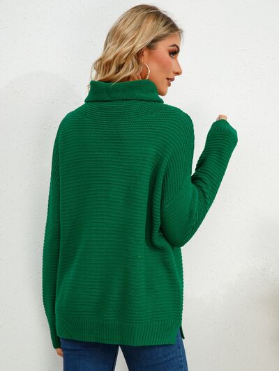 Slit Turtleneck Dropped Shoulder Sweater Trendsi