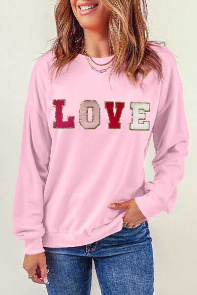 Blue Zone Planet | LOVE Patch Round Neck Dropped Shoulder Sweatshirt BLUE ZONE PLANET