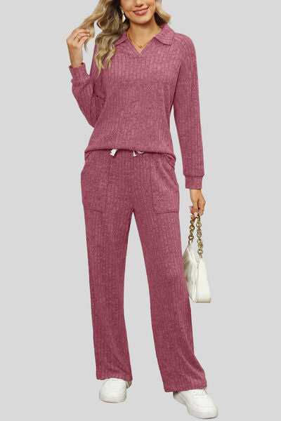 Blue Zone Planet | Ribbed Long Sleeve Top and Pocketed Pants Set BLUE ZONE PLANET