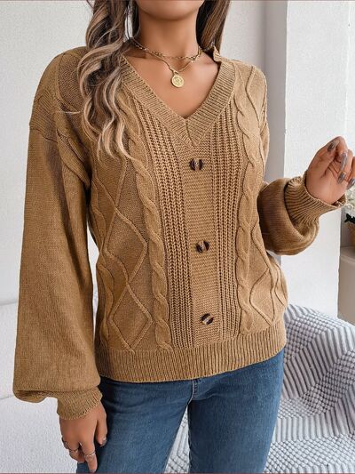 Blue Zone Planet | Cable-Knit Buttoned V-Neck Sweater BLUE ZONE PLANET