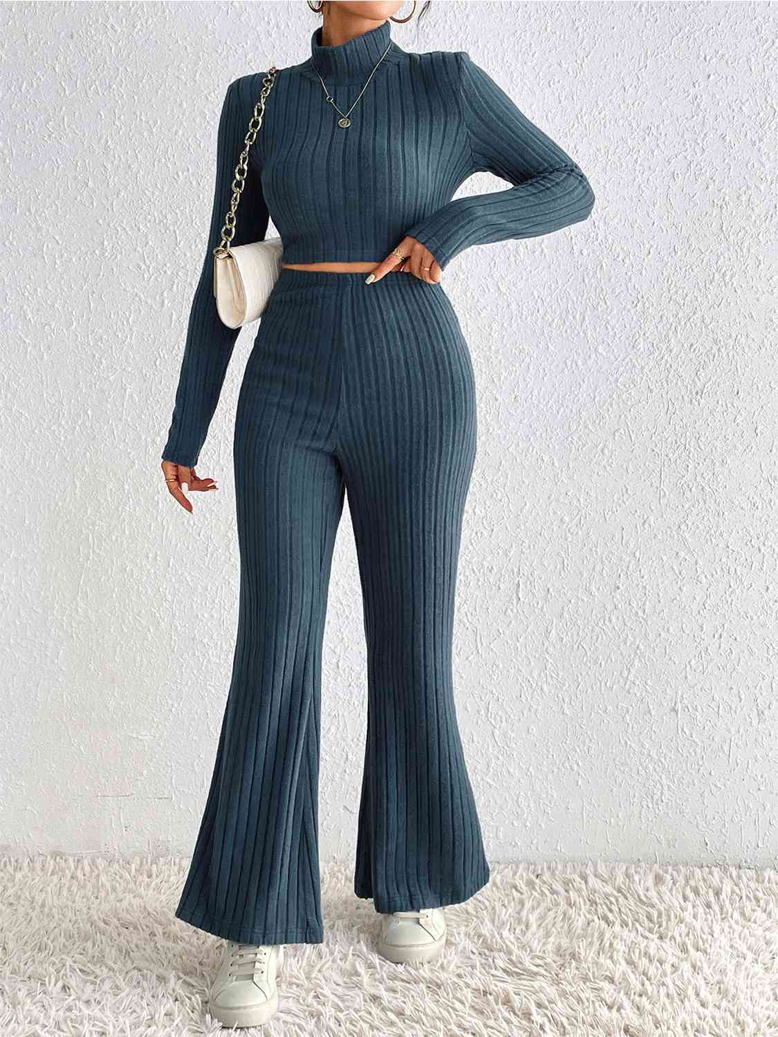 Ribbed Mock Neck Cropped Sweater & High Waist Pants Set BLUE ZONE PLANET