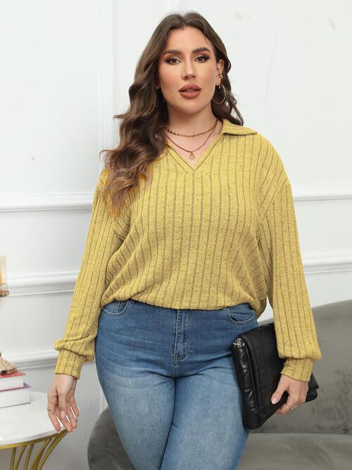 Plus Size Ribbed Collared Neck Long Sleeve Blouse BLUE ZONE PLANET