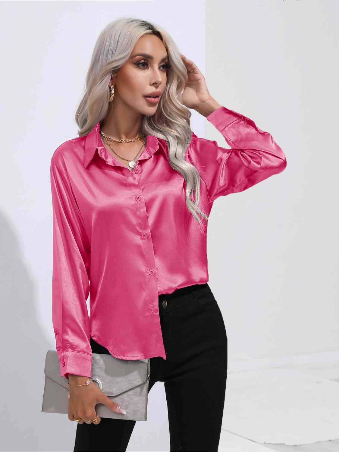 Collared Neck Buttoned Long Sleeve Shirt BLUE ZONE PLANET