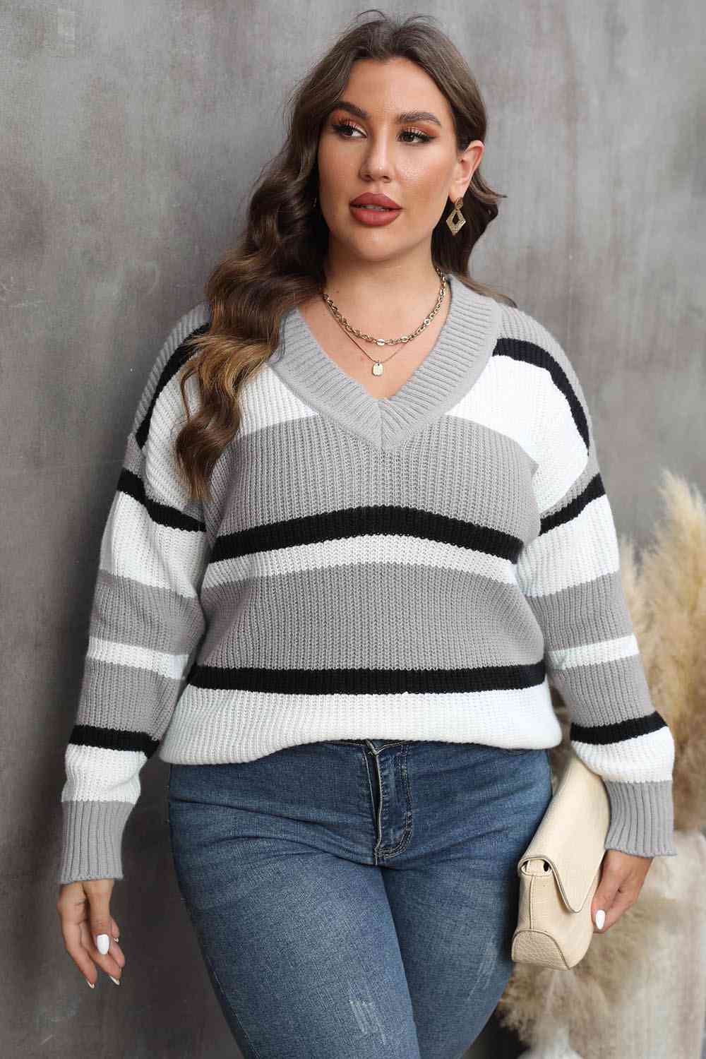 Plus Size Striped V-Neck Dropped Shoulder Sweater BLUE ZONE PLANET