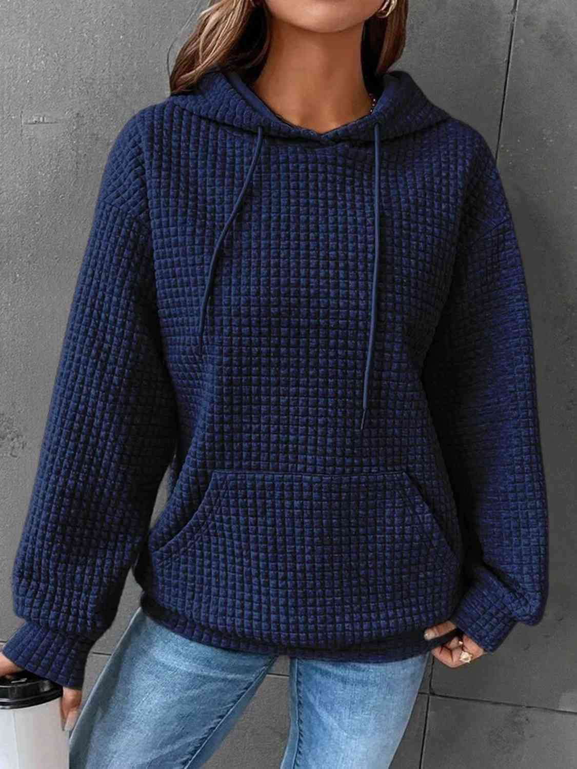 Blue Zone Planet | Textured Drawstring Drop Shoulder Hoodie BLUE ZONE PLANET