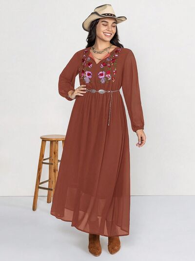 Plus Size Embroidered Tie Neck Long Sleeve Dress BLUE ZONE PLANET