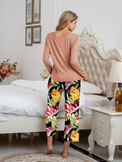 Blue Zone Planet |  Round Neck Top and Printed Pants Lounge Set BLUE ZONE PLANET