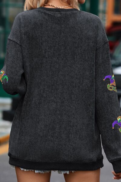 Blue Zone Planet | Printed Sequin Round Neck Dropped Shoulder Sweatshirt BLUE ZONE PLANET