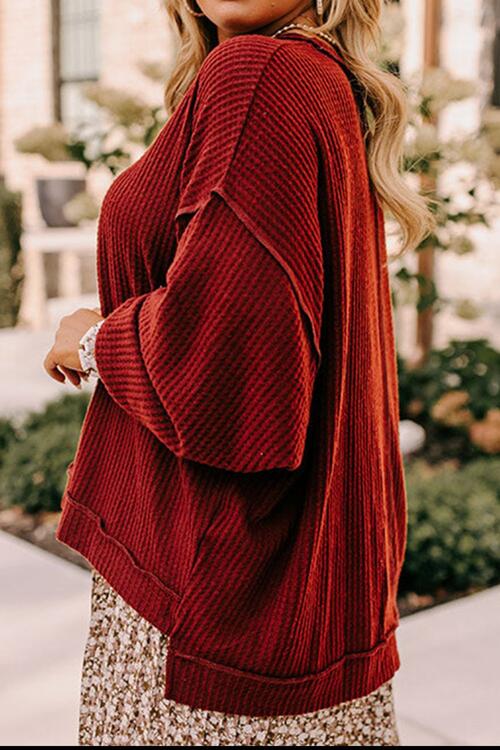 Plus Size Exposed Seam Waffle-Knit High-Low Sweatshirt BLUE ZONE PLANET