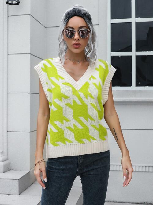 Houndstooth V-Neck Sweater Vest BLUE ZONE PLANET