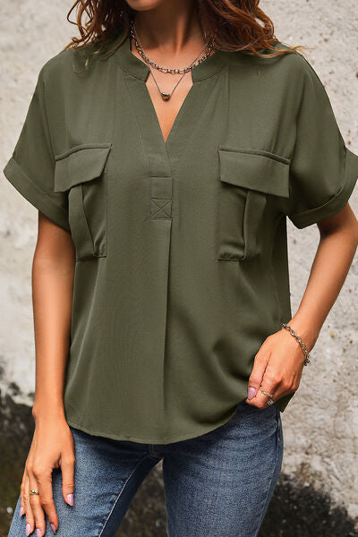 Blue Zone Planet | Pocketed Notched Short Sleeve Blouse BLUE ZONE PLANET