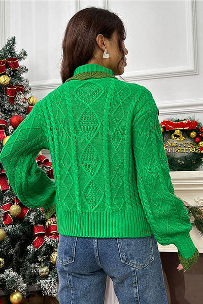 Blue Zone Planet | Cable-Knit Ruffled Mock Neck Lantern Sleeve Sweater BLUE ZONE PLANET