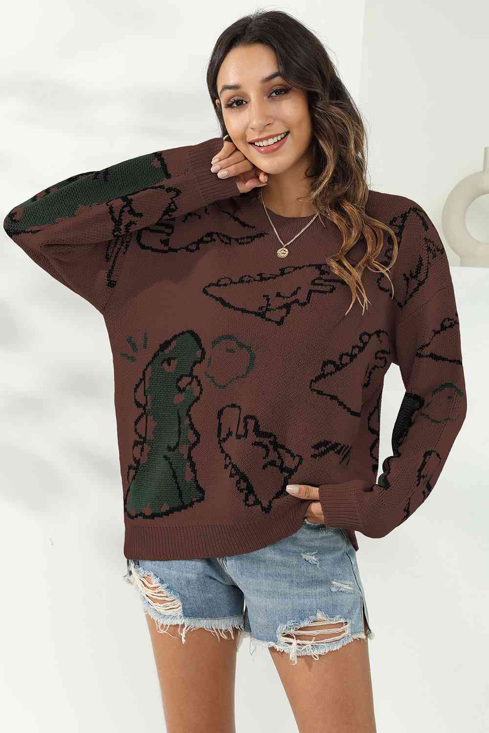 Dinosaur Print Pullover Sweater BLUE ZONE PLANET