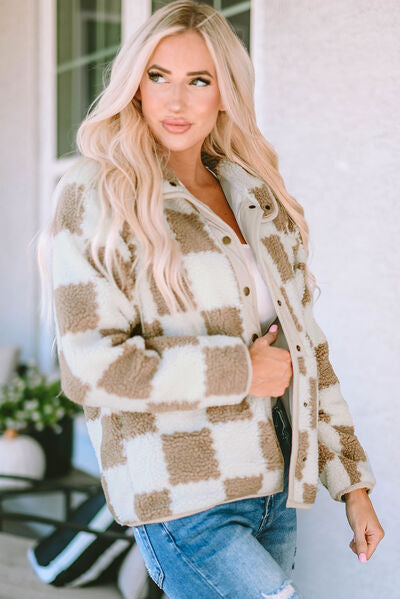 Checkered Snap Down Long Sleeve Jacket BLUE ZONE PLANET