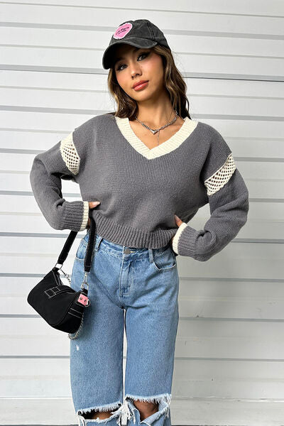 Blue Zone Planet | Contrast Openwork Long Sleeve V-Neck Sweater BLUE ZONE PLANET