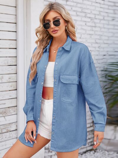 Pocketed Snap Down Dropped Shoulder Denim Shacket Trendsi