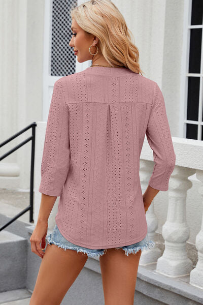 Blue Zone Planet | Eyelet Notched Knit Jacquard Top BLUE ZONE PLANET