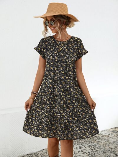 Blue Zone Planet |  Frill Floral Round Neck Short Sleeve Tiered Dress BLUE ZONE PLANET