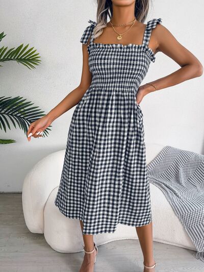 Frill Plaid Square Neck Midi Dress BLUE ZONE PLANET
