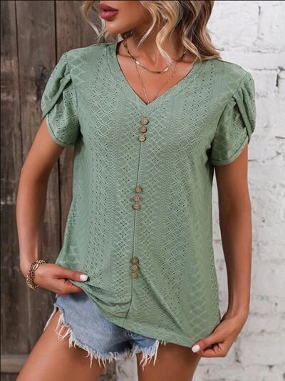 Blue Zone Planet | Eyelet V-Neck Petal Sleeve T-Shirt BLUE ZONE PLANET