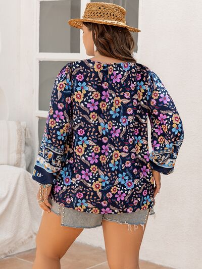 Blue Zone Planet | Plus Size Tie Neck Tassel Printed Blouse BLUE ZONE PLANET