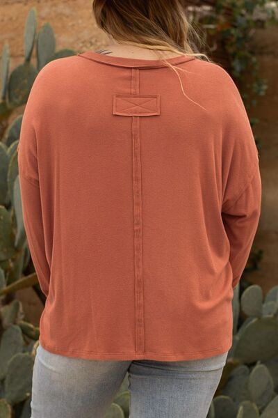 Plus Size Notched Long Sleeve T-Shirt BLUE ZONE PLANET